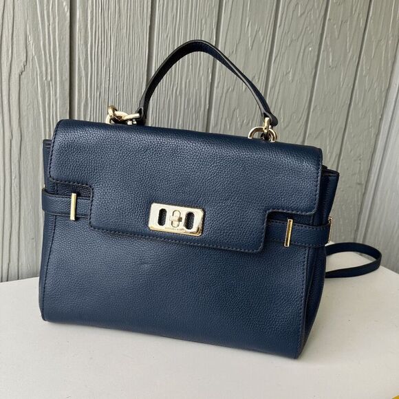 Michael Kors Navy Leather Satchel Crossbody Bag Gold Hardware Top Handle - Picture 3 of 15